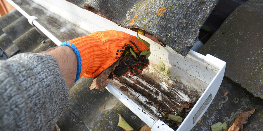 rain gutter cleaning from leaves in autumn with hand. roof gutter cleaning tips. clean your gutters before they clean out your wallet. step by step. gutter cleaning.